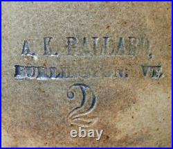 Mid-19th C American Antique A. K. Ballard 2 Gal Stoneware Cer Jug Burlington, Vt