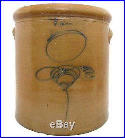 Mid-19th C Antique Bumble Bee Sting Blue Slip Dec Salt Glazed #3 Stoneware Crock
