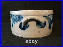 Miniature Stoneware Cake Crock Blue Cobalt Handles Design Sample Size Pottery