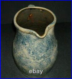 NAVARRE, OHIO Novel Blue & White Spongeware Pitcher Stoneware Hand-Thrown