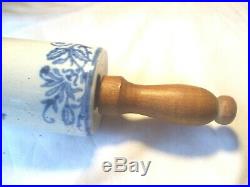 Nicest Old Original Stoneware Adv. Rolling Pin With Colbolt Blue Decoration