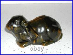 Novel Brown Albany Slip Glazed Stoneware Figural Crouching Rabbit Bank 5 1/4