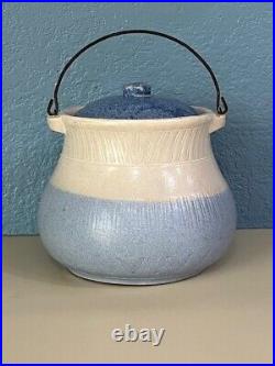 Old Blue White Stoneware Bean Pot withOriginal Wire Bale AS MADE MINT