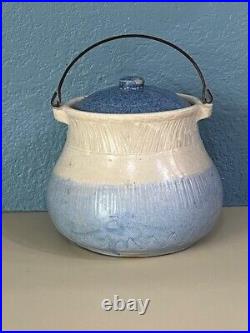 Old Blue White Stoneware Bean Pot withOriginal Wire Bale AS MADE MINT