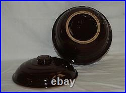 Old Vintage 9 Brown Stoneware Pottery Crock Mixing Bowl w Lid Ringed Sides USA