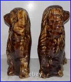 PAIR Antique Sewer Tile Spaniel Dogs Staffordshire Pottery Stoneware Folk Art