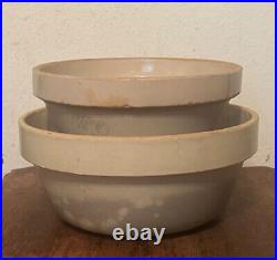 Pair of 2 Antique Primitive Stoneware Pottery Nesting Mixing Bowls, 10.5 & 9