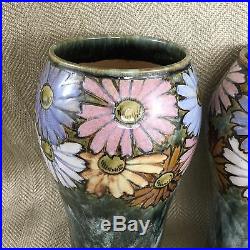 Pair of Royal Doulton Arts & Crafts Daisy Motif Vases Antique Stoneware Pottery