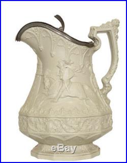 Pewter lidded jug ridgway antique victorian stoneware ewer c1840 jousting large
