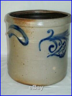 Primitive 2 Gallon Stoneware Pottery Crock With Two Sided Cobalt Blue Design