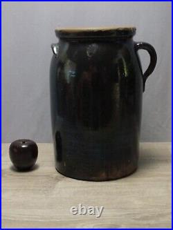 Primitive Antique Brown Stoneware Butter Churn Three Gallon w Pouring Handle