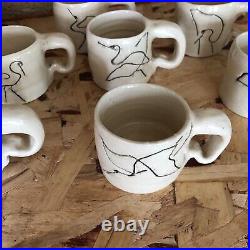 Primitive Stoneware Art Pottery 8T 6.5W Pitcher 7 Mugs