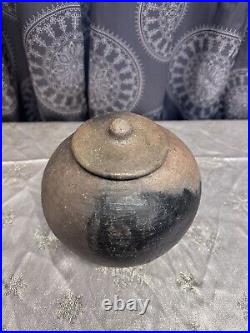 Primitive Unglazed Pit-Fired Pottery Stoneware Footed Vessel/Urn WithLid