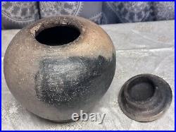 Primitive Unglazed Pit-Fired Pottery Stoneware Footed Vessel/Urn WithLid