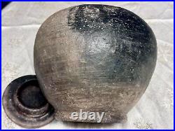 Primitive Unglazed Pit-Fired Pottery Stoneware Footed Vessel/Urn WithLid