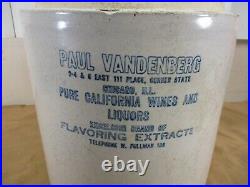 RARE Antique CHICAGO ILL Vandenberg Brown Top Stoneware Liquor Pottery Crock Jug