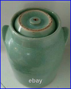 RARE Antique LARGE Salt Glaze Green Stoneware Storage Jar with handles & Lid