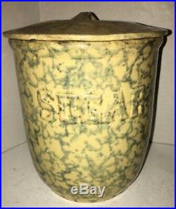 RARE Antique Spongeware Blue Yellow Ware Stoneware Sugar Canister AAFA