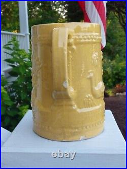 RARE Antique YELLOW Ware PEACOCK Stoneware Salt Glaze Pitcher