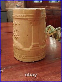 RARE Antique YELLOW Ware PEACOCK Stoneware Salt Glaze Pitcher