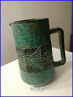 RARE Signed Antique Shino Pottery Stoneware Pitcher Blue Green With Fish Design