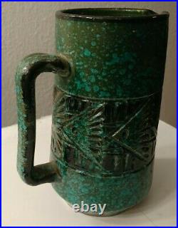 RARE Signed Antique Shino Pottery Stoneware Pitcher Blue Green With Fish Design