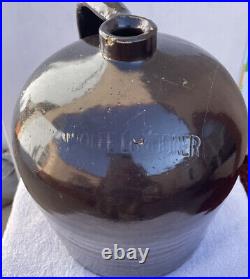 RARE WOLFE LONDONER American Stoneware Antique Whiskey Pottery Handled Jug