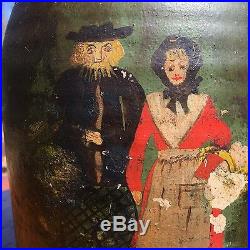 Rare Antique Folk Art Hand-Painted Large Stoneware Crock, Man and Woman