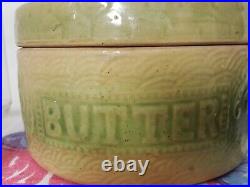 Rare Green-Beige BUTTER CROCK Stoneware Pottery Turn-Century Metal Handle/Lidded