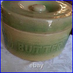 Rare Green-Beige BUTTER CROCK Stoneware Pottery Turn-Century Metal Handle/Lidded
