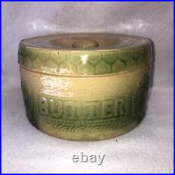 Rare Green Beige BUTTER CROCK Stoneware Pottery Turn Century with Lid NO HANDLE