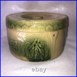 Rare Green Beige BUTTER CROCK Stoneware Pottery Turn Century with Lid NO HANDLE