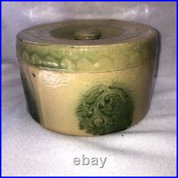 Rare Green Beige BUTTER CROCK Stoneware Pottery Turn Century with Lid NO HANDLE