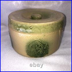 Rare Green Beige BUTTER CROCK Stoneware Pottery Turn Century with Lid NO HANDLE