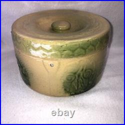 Rare Green Beige BUTTER CROCK Stoneware Pottery Turn Century with Lid NO HANDLE