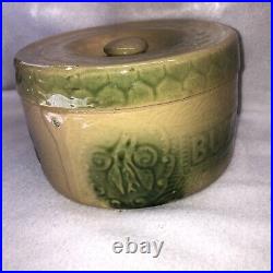 Rare Green Beige BUTTER CROCK Stoneware Pottery Turn Century with Lid NO HANDLE