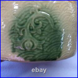 Rare Green Beige BUTTER CROCK Stoneware Pottery Turn Century with Lid NO HANDLE