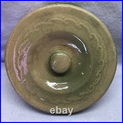 Rare Green Beige BUTTER CROCK Stoneware Pottery Turn Century with Lid NO HANDLE