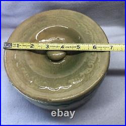 Rare Green Beige BUTTER CROCK Stoneware Pottery Turn Century with Lid NO HANDLE