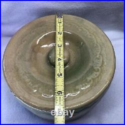 Rare Green Beige BUTTER CROCK Stoneware Pottery Turn Century with Lid NO HANDLE