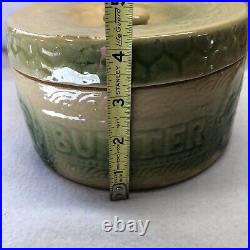 Rare Green Beige BUTTER CROCK Stoneware Pottery Turn Century with Lid NO HANDLE