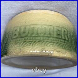 Rare Green Beige BUTTER CROCK Stoneware Pottery Turn Century with Lid NO HANDLE