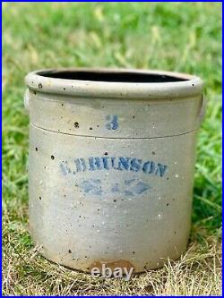 Rare Iowa Salt Glaze Stoneware 3 Gallon E. Brunson Stamped Fairport Ia 1870's! +