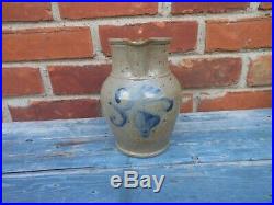 Rare Small Ovoid Stoneware Pitcher, New Jersey Cobalt Flower, Round Footed Base