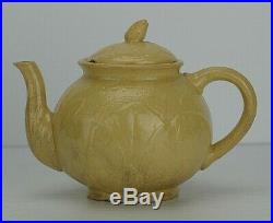 Rare Small Yellow Ware Antique Pottery Lily Pad Cattail Tea Pot Teapot
