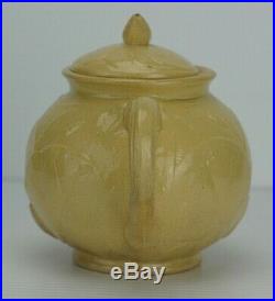 Rare Small Yellow Ware Antique Pottery Lily Pad Cattail Tea Pot Teapot