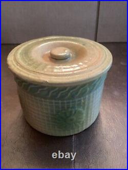 Rare Yellowware Antique McCOY Daisy Butter Crock Green/blue withlid