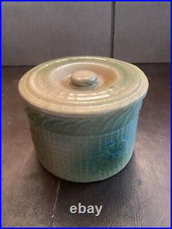 Rare Yellowware Antique McCOY Daisy Butter Crock Green/blue withlid