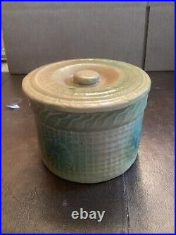 Rare Yellowware Antique McCOY Daisy Butter Crock Green/blue withlid