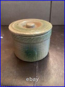 Rare Yellowware Antique McCOY Daisy Butter Crock Green/blue withlid